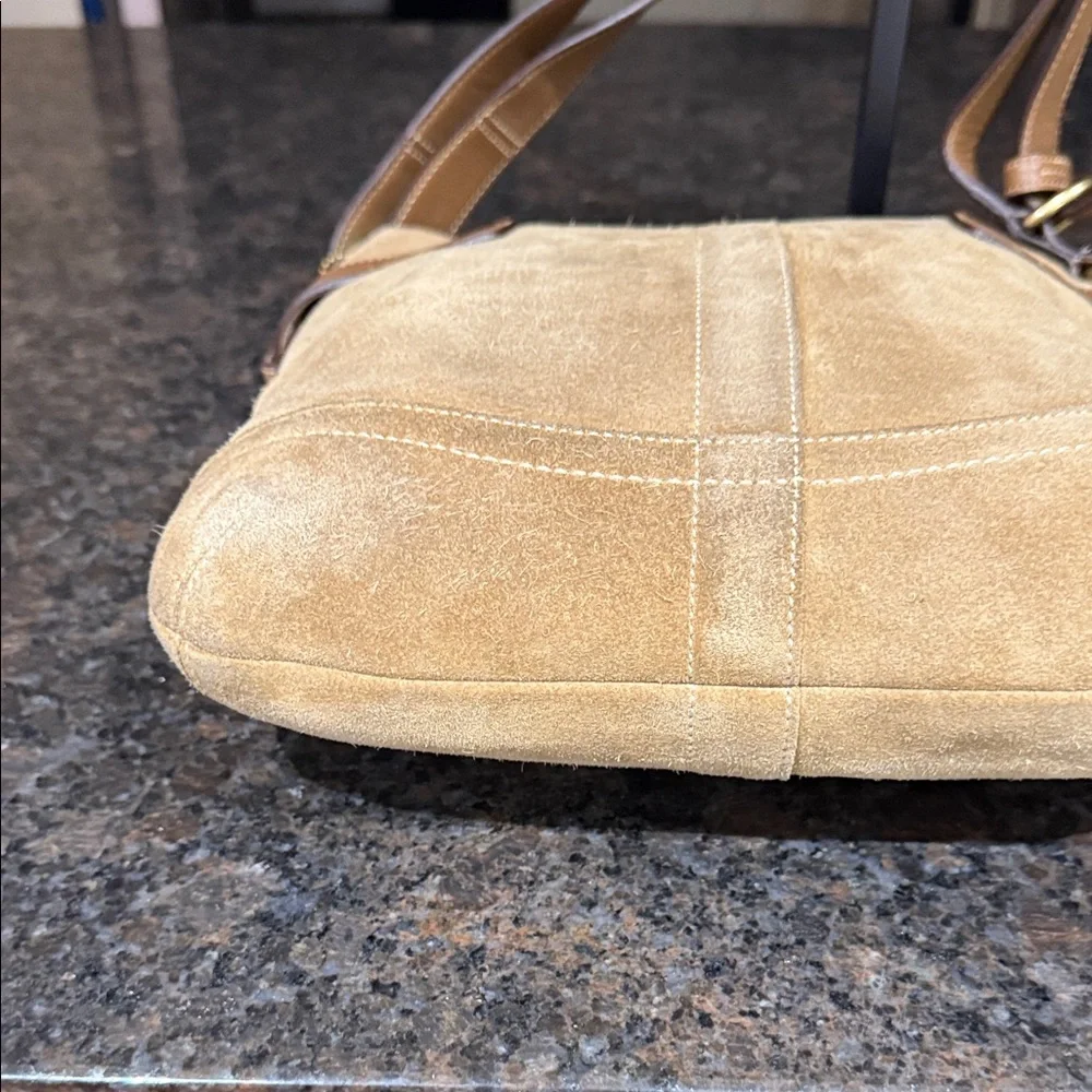 Coach Tan Suede SoHo Buckle Shoulder Bag with Buckle Accents